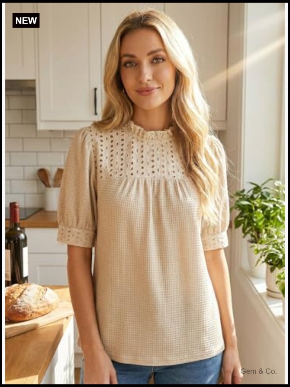 Waffle Knit Frill Trim Mock Neck Puff Sleeve Blouse Top - Picture 4 of 7